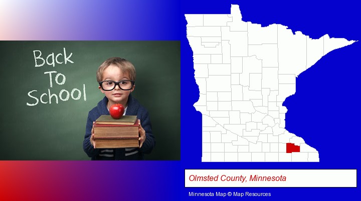 the back-to-school concept; Olmsted County, Minnesota highlighted in red on a map