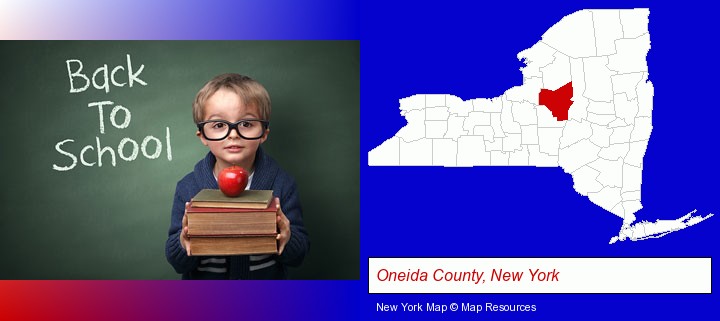 the back-to-school concept; Oneida County, New York highlighted in red on a map