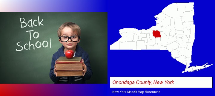 the back-to-school concept; Onondaga County, New York highlighted in red on a map