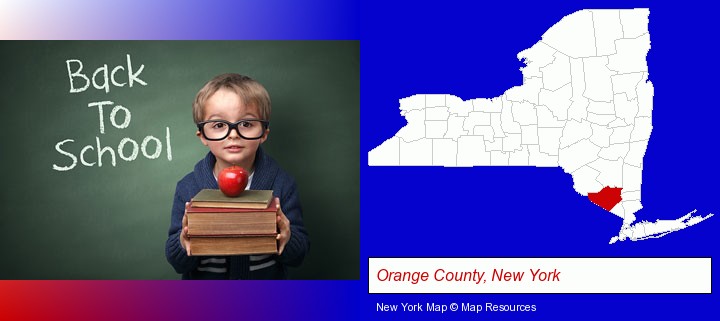 the back-to-school concept; Orange County, New York highlighted in red on a map