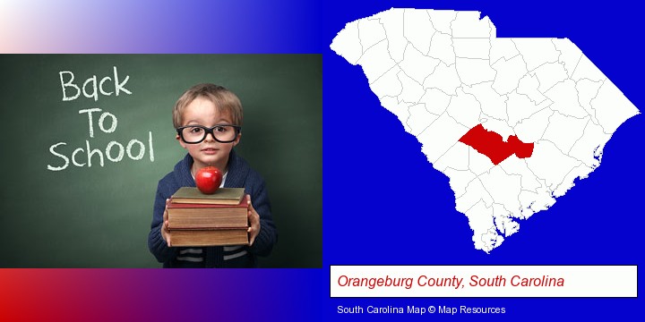 the back-to-school concept; Orangeburg County, South Carolina highlighted in red on a map