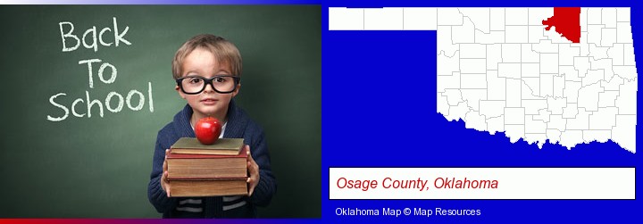 the back-to-school concept; Osage County, Oklahoma highlighted in red on a map