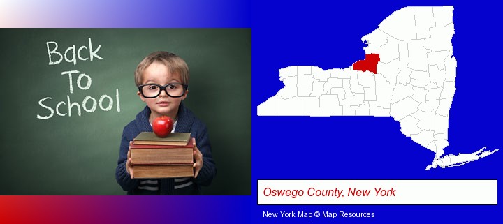 the back-to-school concept; Oswego County, New York highlighted in red on a map