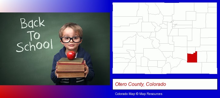 the back-to-school concept; Otero County, Colorado highlighted in red on a map