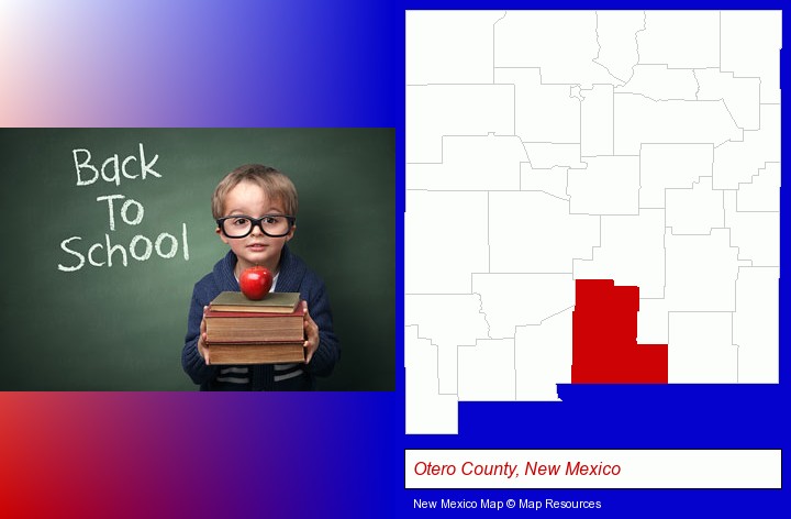 the back-to-school concept; Otero County, New Mexico highlighted in red on a map
