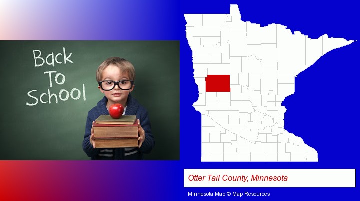the back-to-school concept; Otter Tail County, Minnesota highlighted in red on a map
