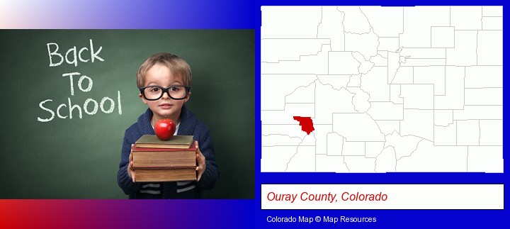 the back-to-school concept; Ouray County, Colorado highlighted in red on a map