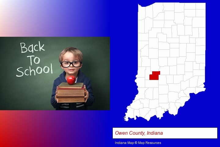 the back-to-school concept; Owen County, Indiana highlighted in red on a map