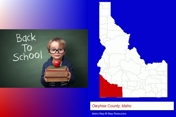 the back-to-school concept; Owyhee County, Idaho highlighted in red on a map
