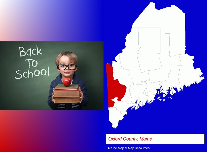 the back-to-school concept; Oxford County, Maine highlighted in red on a map