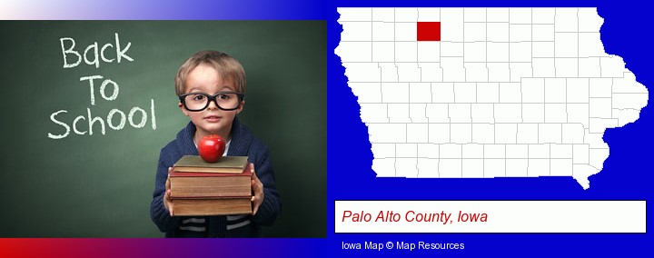 the back-to-school concept; Palo Alto County, Iowa highlighted in red on a map