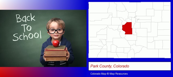 the back-to-school concept; Park County, Colorado highlighted in red on a map