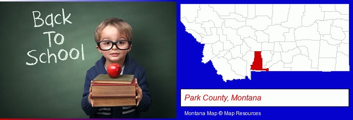 the back-to-school concept; Park County, Montana highlighted in red on a map