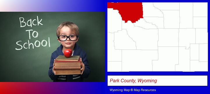 the back-to-school concept; Park County, Wyoming highlighted in red on a map