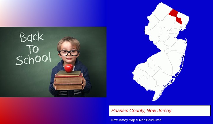 the back-to-school concept; Passaic County, New Jersey highlighted in red on a map