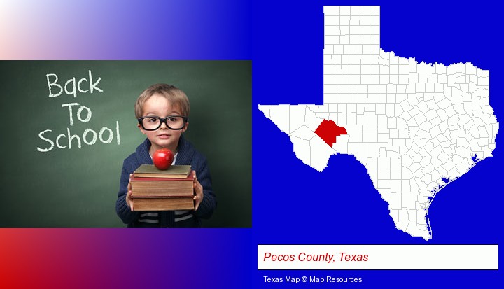 the back-to-school concept; Pecos County, Texas highlighted in red on a map