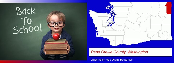 the back-to-school concept; Pend Oreille County, Washington highlighted in red on a map