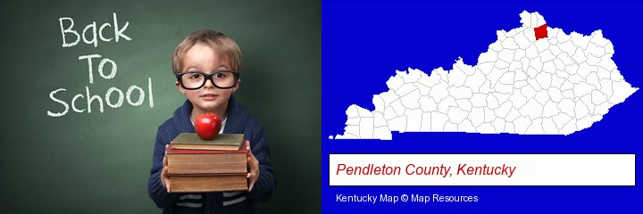 the back-to-school concept; Pendleton County, Kentucky highlighted in red on a map