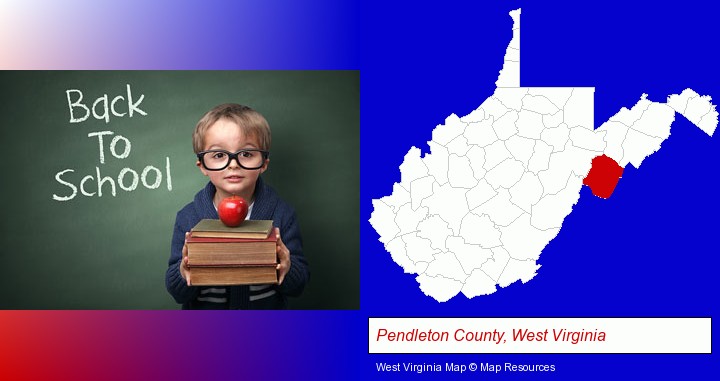 the back-to-school concept; Pendleton County, West Virginia highlighted in red on a map