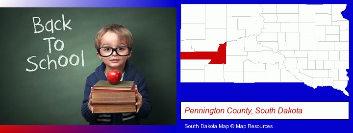 the back-to-school concept; Pennington County, South Dakota highlighted in red on a map