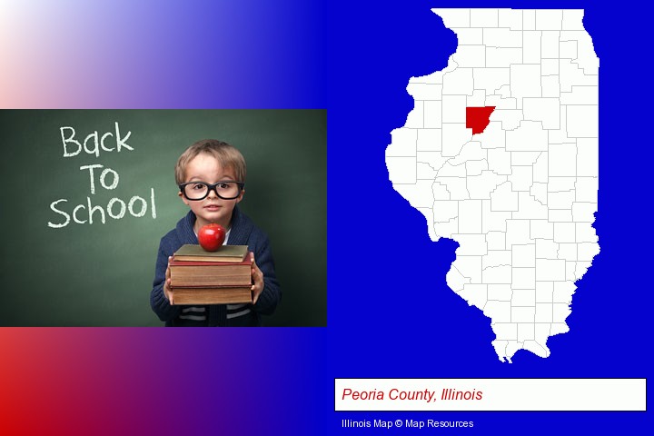 the back-to-school concept; Peoria County, Illinois highlighted in red on a map