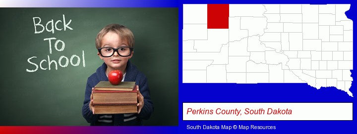 the back-to-school concept; Perkins County, South Dakota highlighted in red on a map