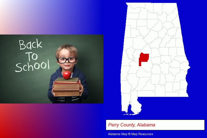 the back-to-school concept; Perry County, Alabama highlighted in red on a map