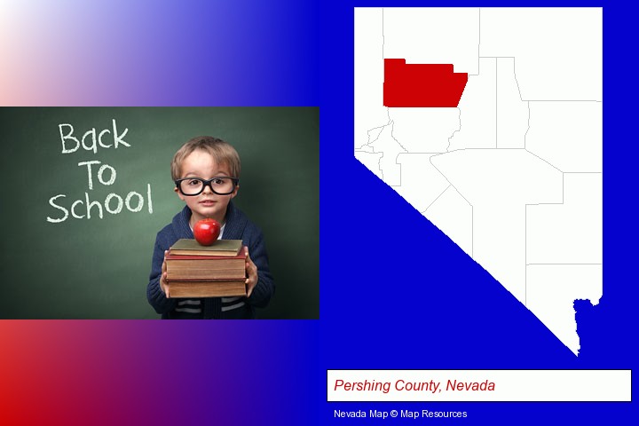 the back-to-school concept; Pershing County, Nevada highlighted in red on a map