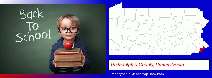 the back-to-school concept; Philadelphia County, Pennsylvania highlighted in red on a map