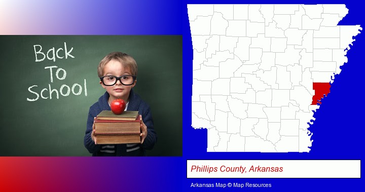 the back-to-school concept; Phillips County, Arkansas highlighted in red on a map
