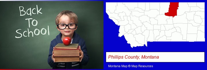 the back-to-school concept; Phillips County, Montana highlighted in red on a map