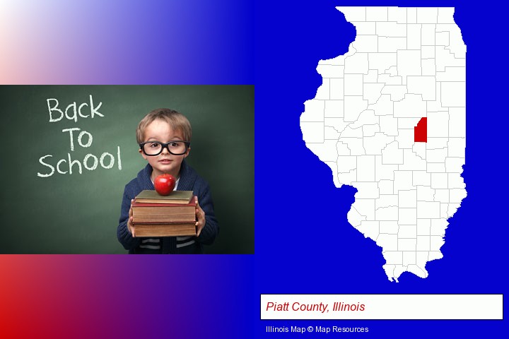 the back-to-school concept; Piatt County, Illinois highlighted in red on a map