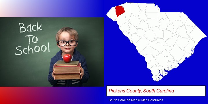the back-to-school concept; Pickens County, South Carolina highlighted in red on a map