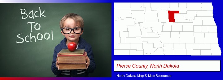 the back-to-school concept; Pierce County, North Dakota highlighted in red on a map
