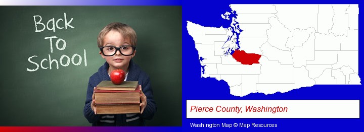 the back-to-school concept; Pierce County, Washington highlighted in red on a map