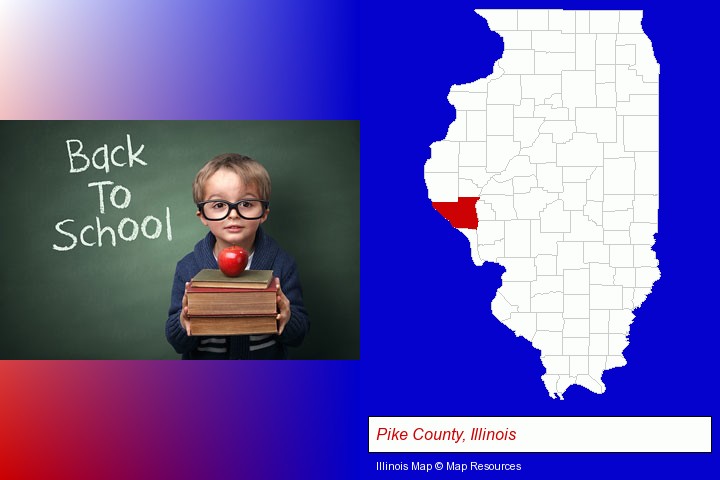 the back-to-school concept; Pike County, Illinois highlighted in red on a map