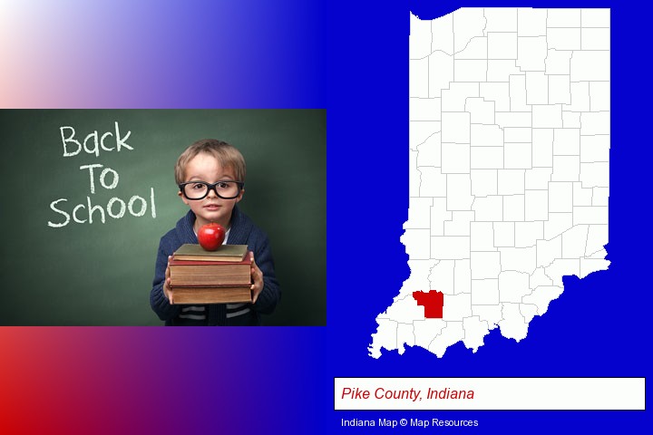the back-to-school concept; Pike County, Indiana highlighted in red on a map