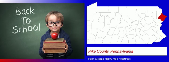 the back-to-school concept; Pike County, Pennsylvania highlighted in red on a map