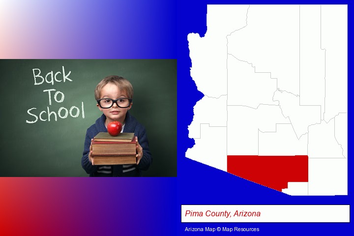 the back-to-school concept; Pima County, Arizona highlighted in red on a map