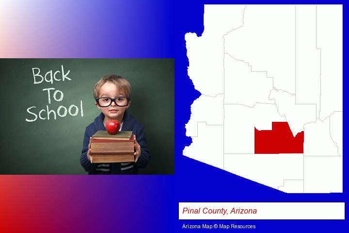 the back-to-school concept; Pinal County, Arizona highlighted in red on a map