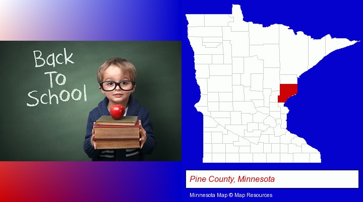 the back-to-school concept; Pine County, Minnesota highlighted in red on a map