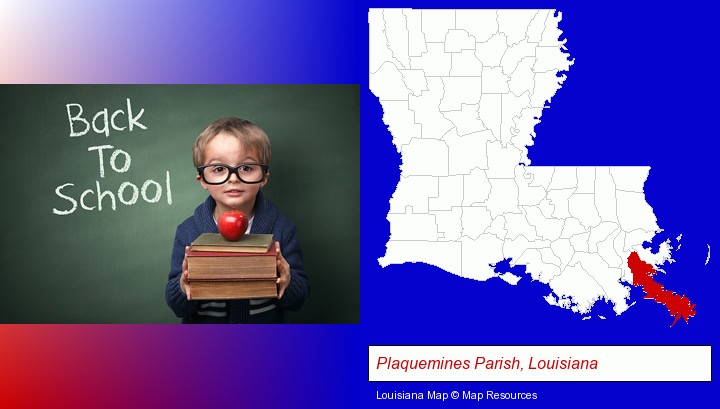 the back-to-school concept; Plaquemines Parish, Louisiana highlighted in red on a map