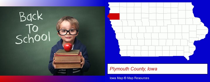 the back-to-school concept; Plymouth County, Iowa highlighted in red on a map