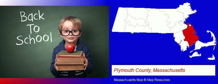 the back-to-school concept; Plymouth County, Massachusetts highlighted in red on a map