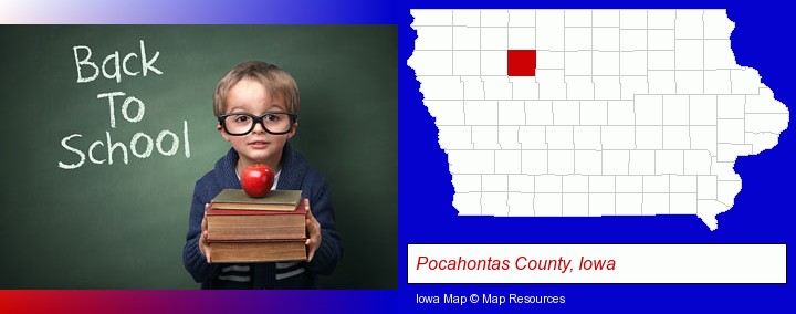 the back-to-school concept; Pocahontas County, Iowa highlighted in red on a map