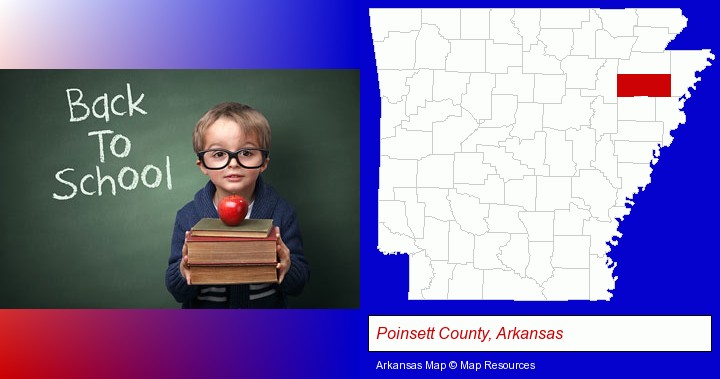 the back-to-school concept; Poinsett County, Arkansas highlighted in red on a map