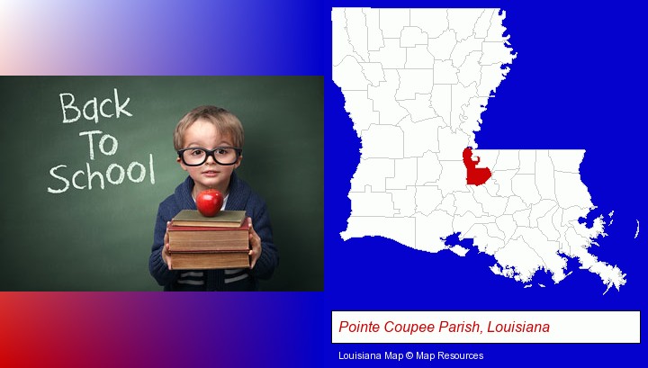 the back-to-school concept; Pointe Coupee Parish, Louisiana highlighted in red on a map