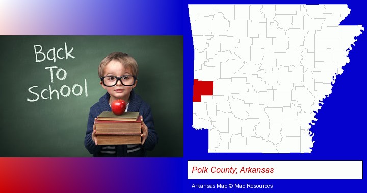 the back-to-school concept; Polk County, Arkansas highlighted in red on a map