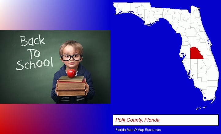 the back-to-school concept; Polk County, Florida highlighted in red on a map