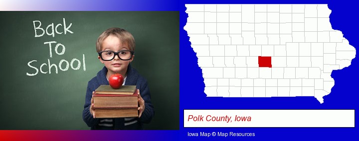 the back-to-school concept; Polk County, Iowa highlighted in red on a map